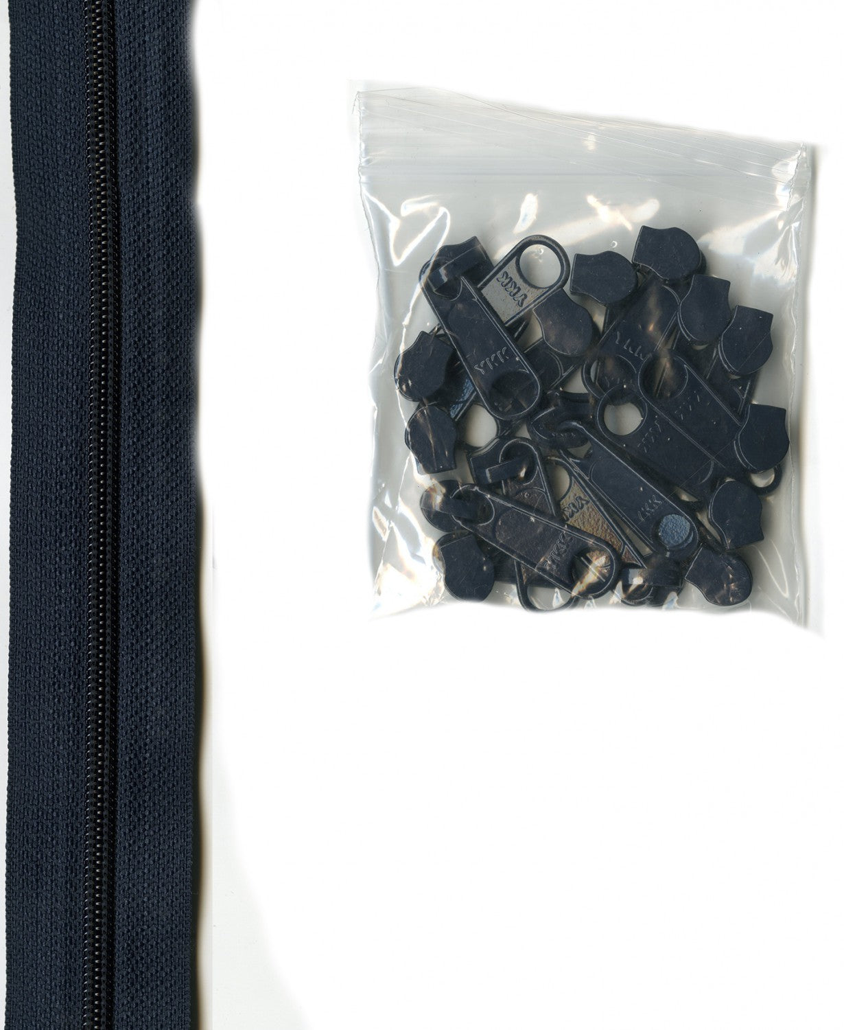 4 Yards of 16mm #4.5 Zipper Chain and 16 Extra-Large Coordinated Pulls Navy # ZIPYD-235- Special Order