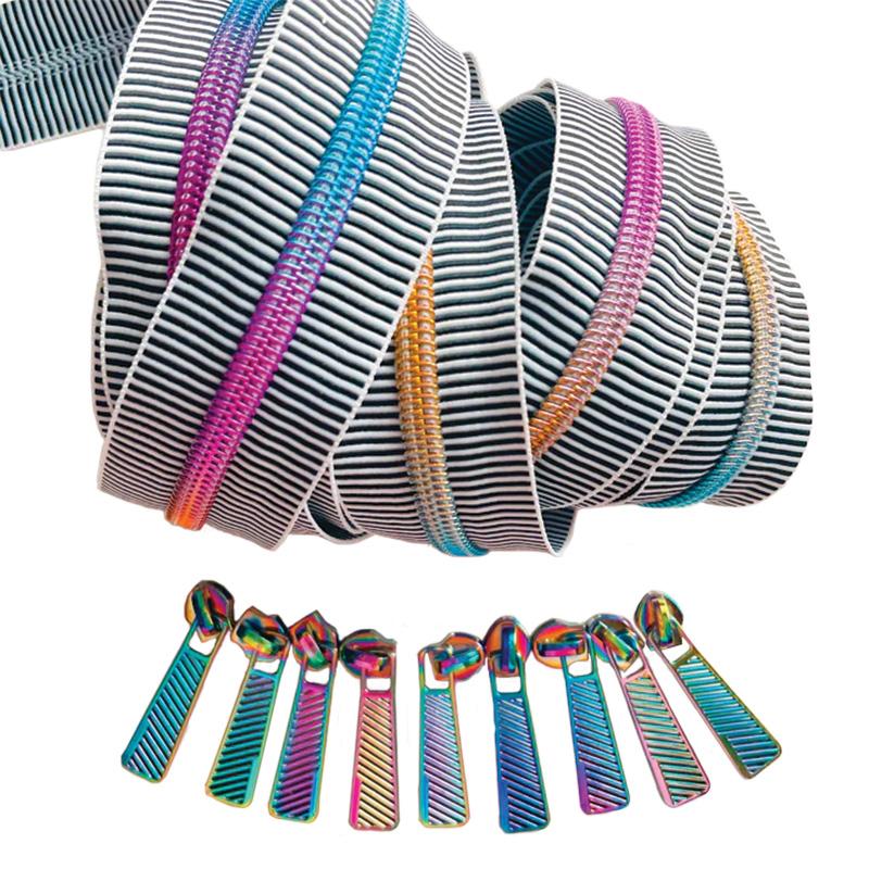 Zipper Tape by Sew Hungry Hippi - Black & White Stripe w/ Rainbow Zip Pack 3yd