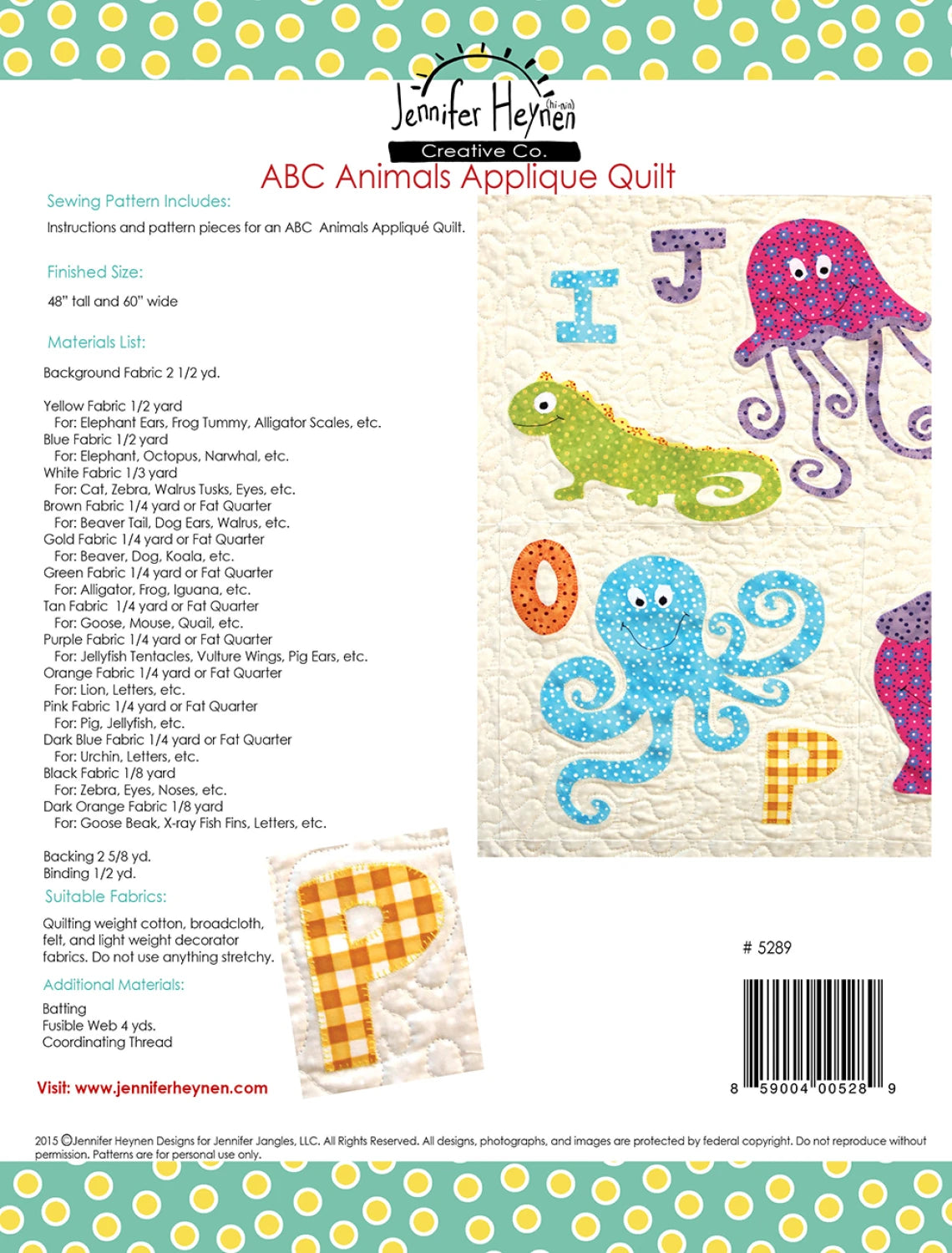 ABC Animals Applique Quilt Pattern by Jennifer Haynen PT-5289