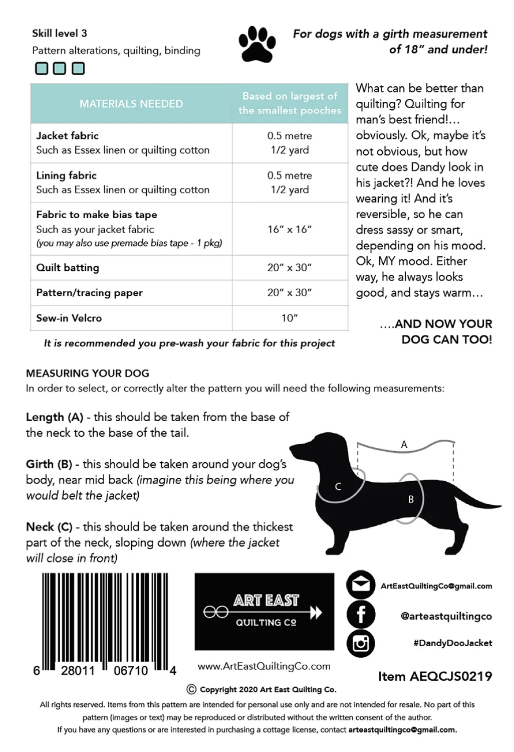 Dandy Doo Jacket Pattern for Small Dogs by Art East Quilting