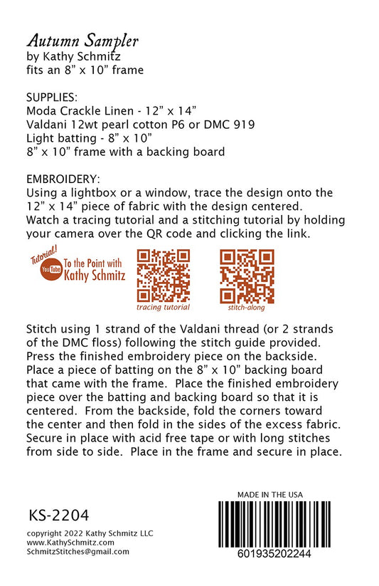 Autumn Sampler Embroidery Pattern by Kathy Schmitz - KS-2204 - Special Order