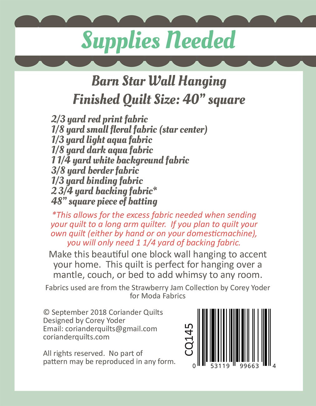 Barn Star 3 Quilt Pattern by Coriander Quilts - Special Order