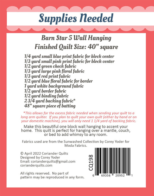 Barn Star 5 Quilt Pattern by Coriander Quilts - Special Order