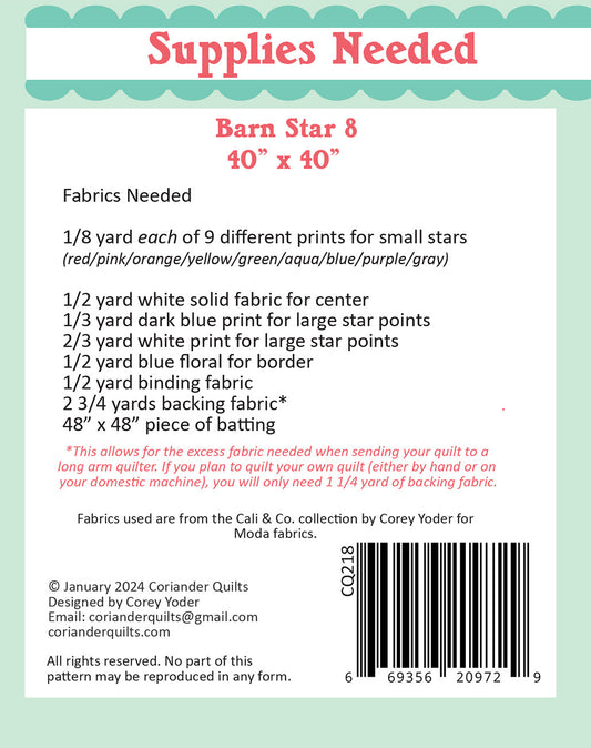 Barn Star 8 Quilt Pattern by Coriander Quilts - Special Order