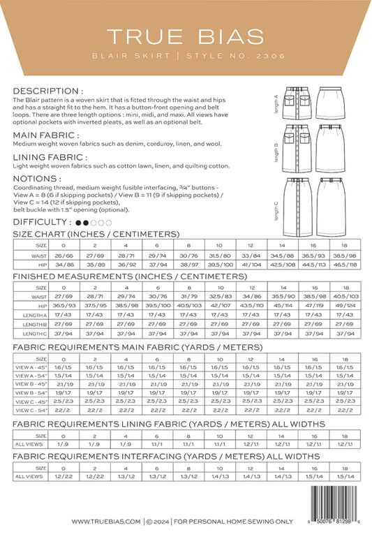 Blair Skirt Pattern by TrueBias Patterns : Size 0-18 - Special Order