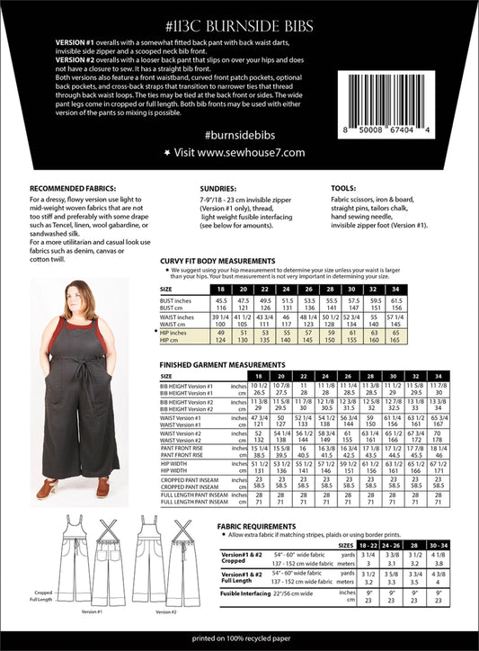Burnside Bib Pattern by Sew House Seven - Size 16-34 - Special Order
