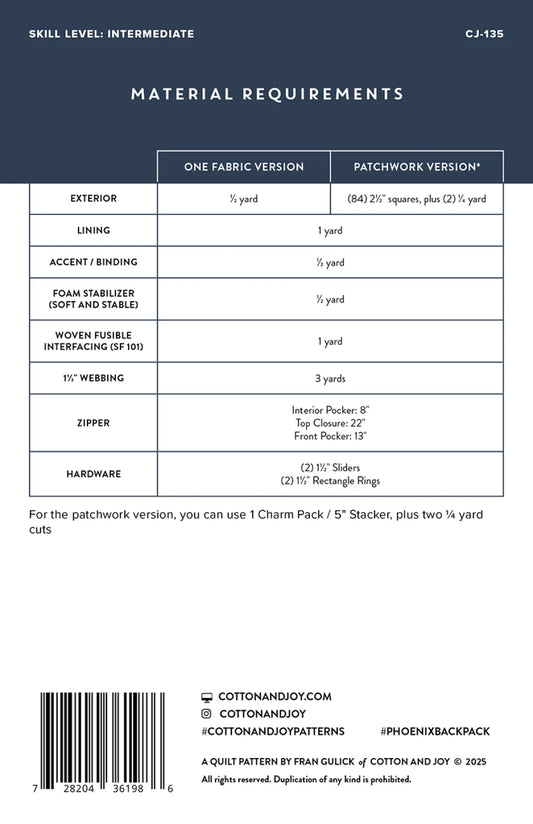 Phoenix Bagpack Pattern by Cotton and Joy - Estimated arrival January 2026