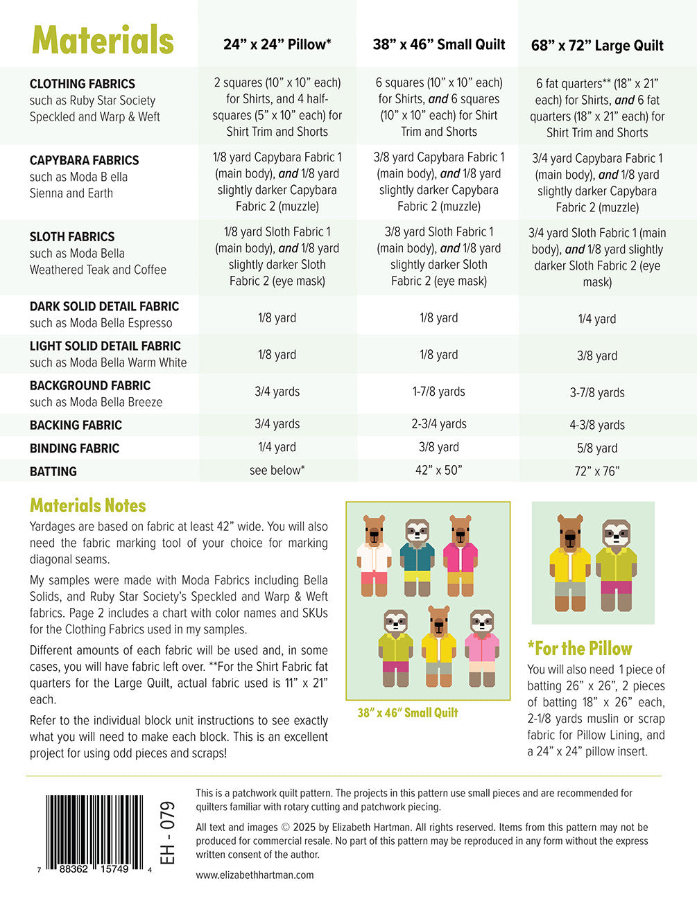 Capybara and Sloth Quilt Pattern by Elizabeth Hartman