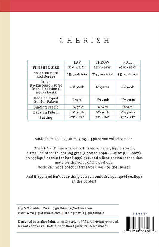 Cherish Quilt Pattern by Gigi's Thimble