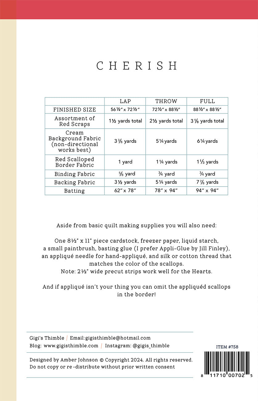 Cherish Quilt Pattern by Gigi's Thimble
