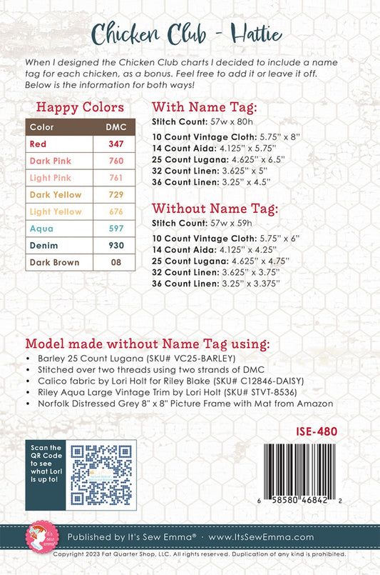 Chicken Club Cross Stitch Pattern of the Month 3 Hattie # ISE-480 - Special Order