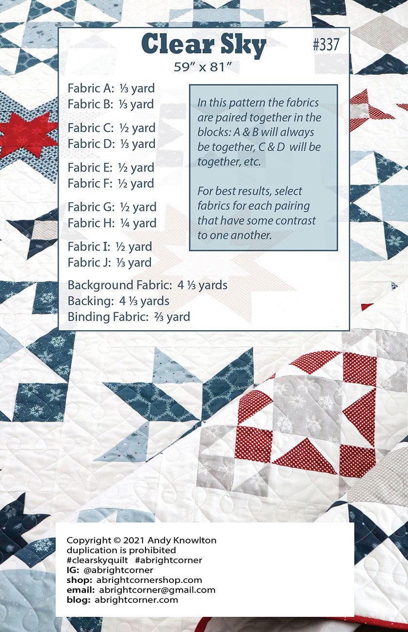 Clear Sky Quilt Pattern by A Bright Corner - AKBC337 -