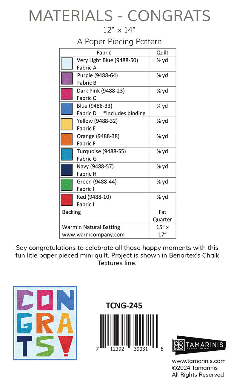 Congrats Mini Quilt Quilt Pattern by Tamarinis