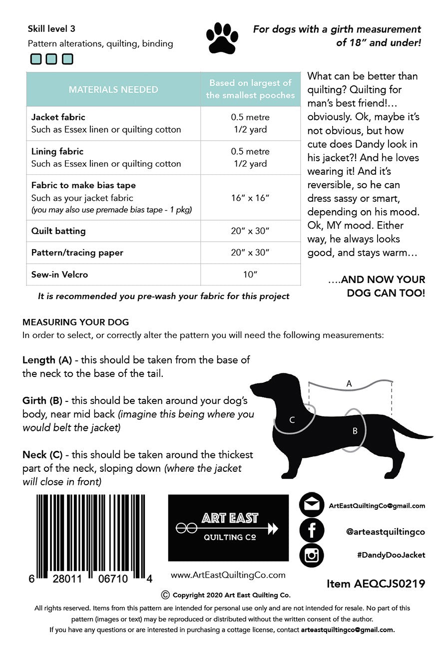 Dandy Doo Jacket Pattern for Small Dogs by Art East Quilting Co