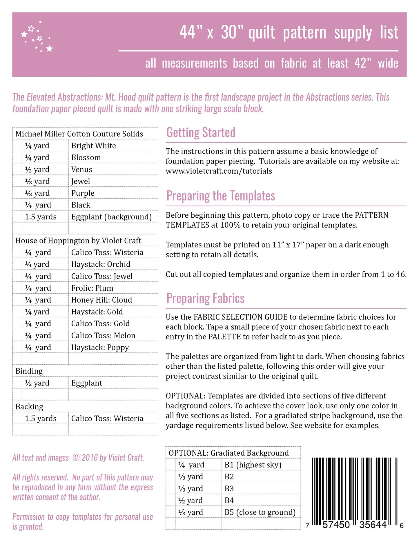 Elevated Abstractions - Mt Hood FPP Pattern by Violet Craft