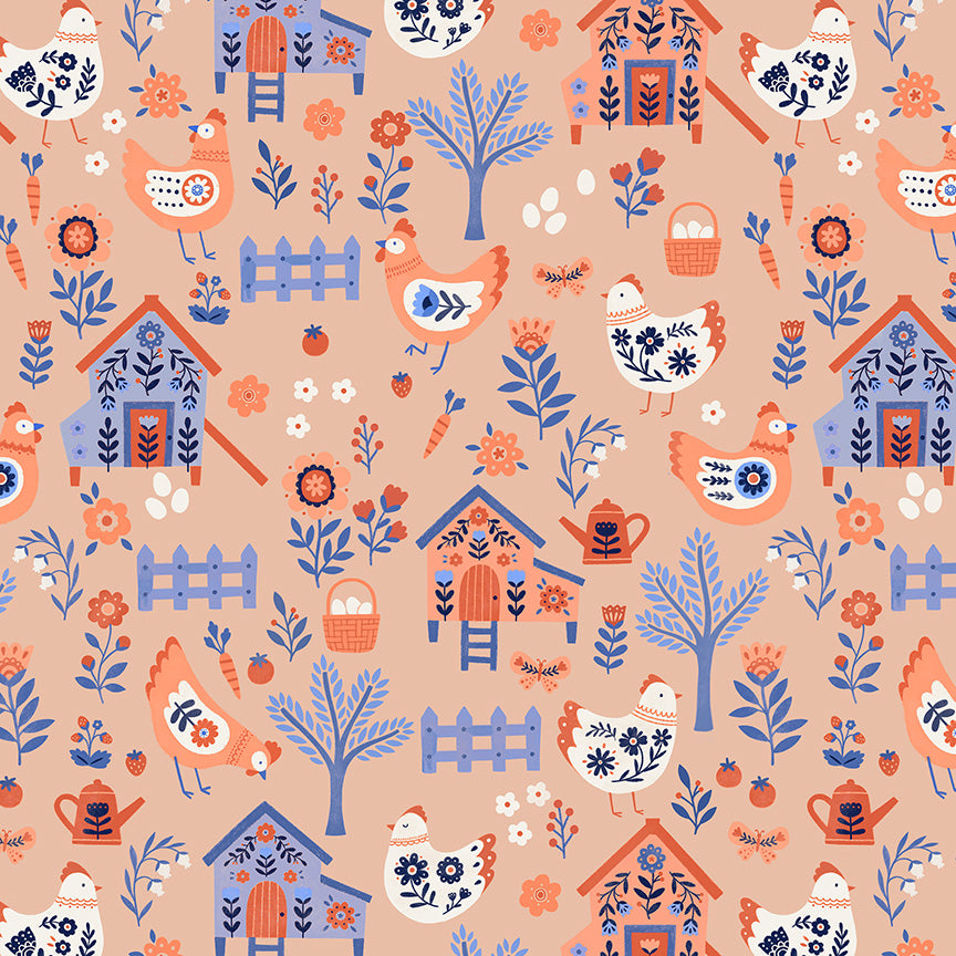Folky Chicken by Natalie Briscoe : Chicken Co-op Peach 55237-1