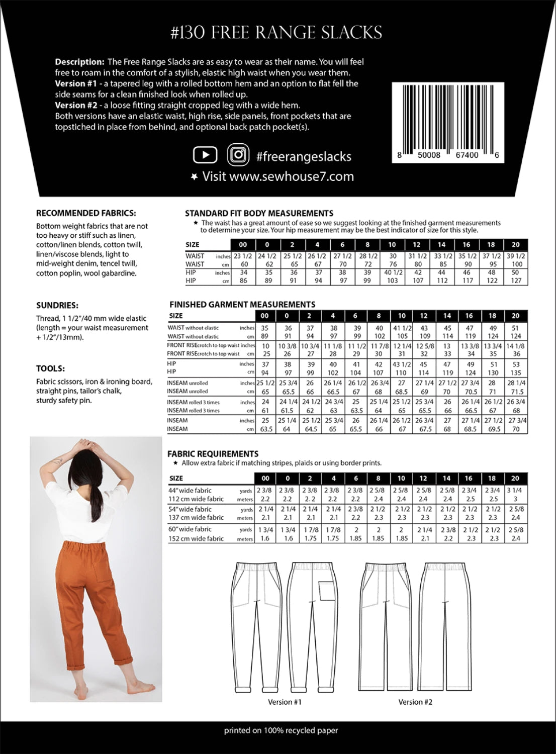 Free Range Slacks Pattern by Sew House Seven - Size 00-20 - Special Order