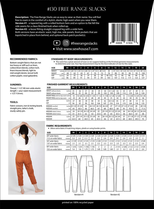 Free Range Slacks Pattern by Sew House Seven - Size 00-20 - Special Order