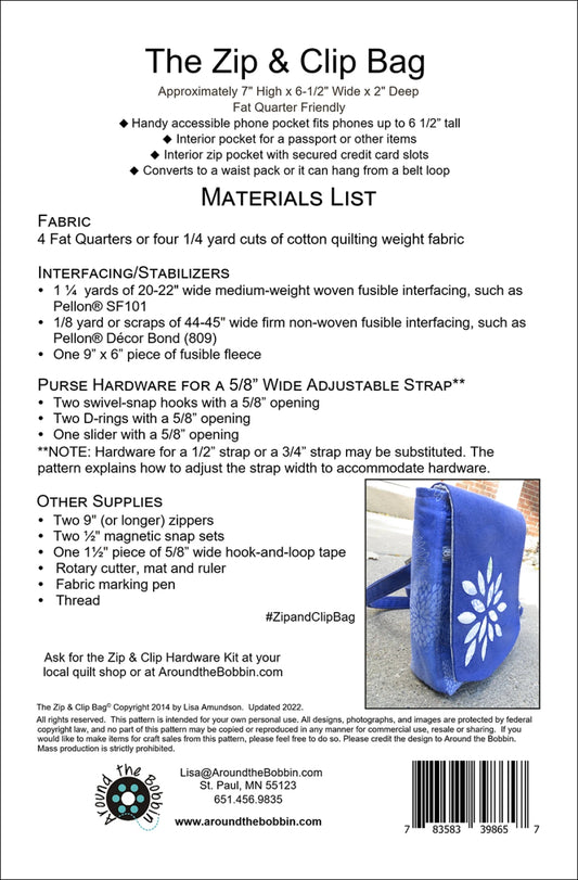 Zip & Clip Bag Pattern by Around the Bobbin - Special Order