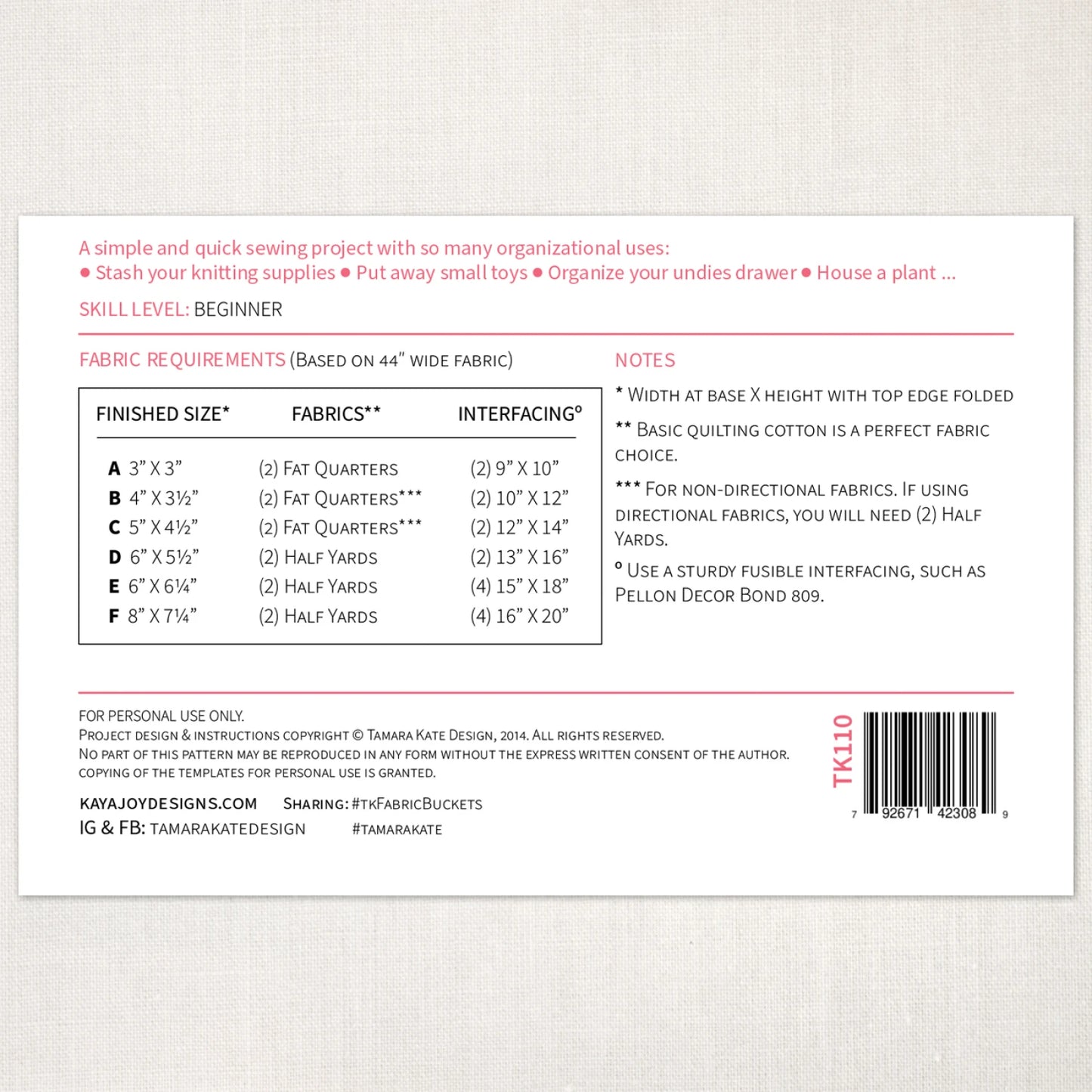 Fabric Baskets Sewing Pattern by Tamara Kate