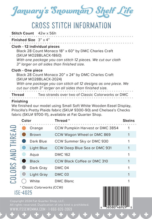 January's Snowman Shelf Life Cross Stitch Pattern # ISE-4025- Special Order