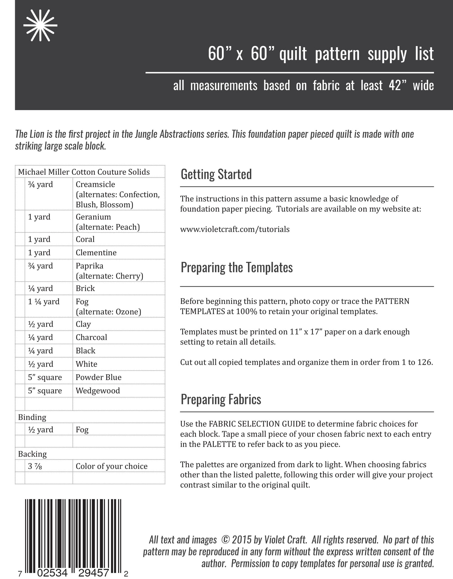 Jungle Abstractions : The Lion Kit FPP Quilt Pattern by Violet Craft