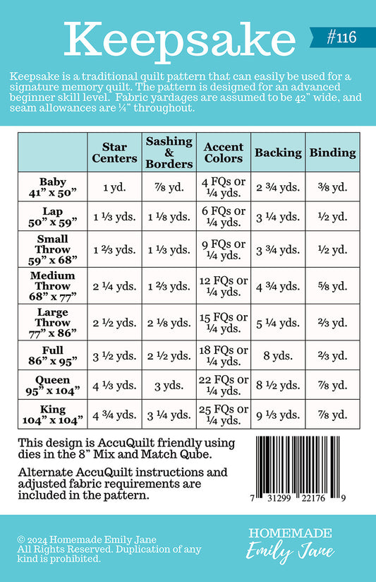 Keepsake Quilt Pattern # HMEJ116 - Special Order