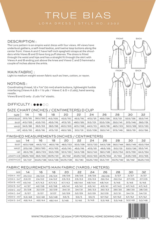 Lora Dress Pattern by TrueBias Patterns : Size 14-32 - Special Order
