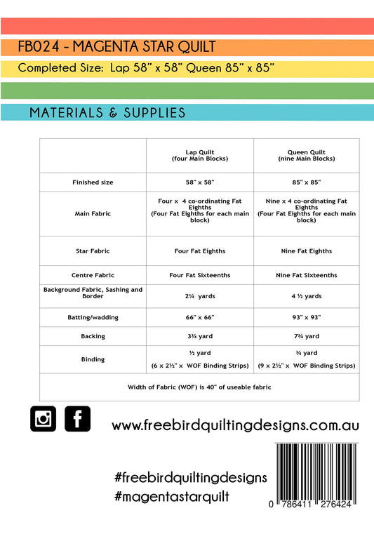 Magenta Star Quilt Pattern by Free Bird Quilting Designs