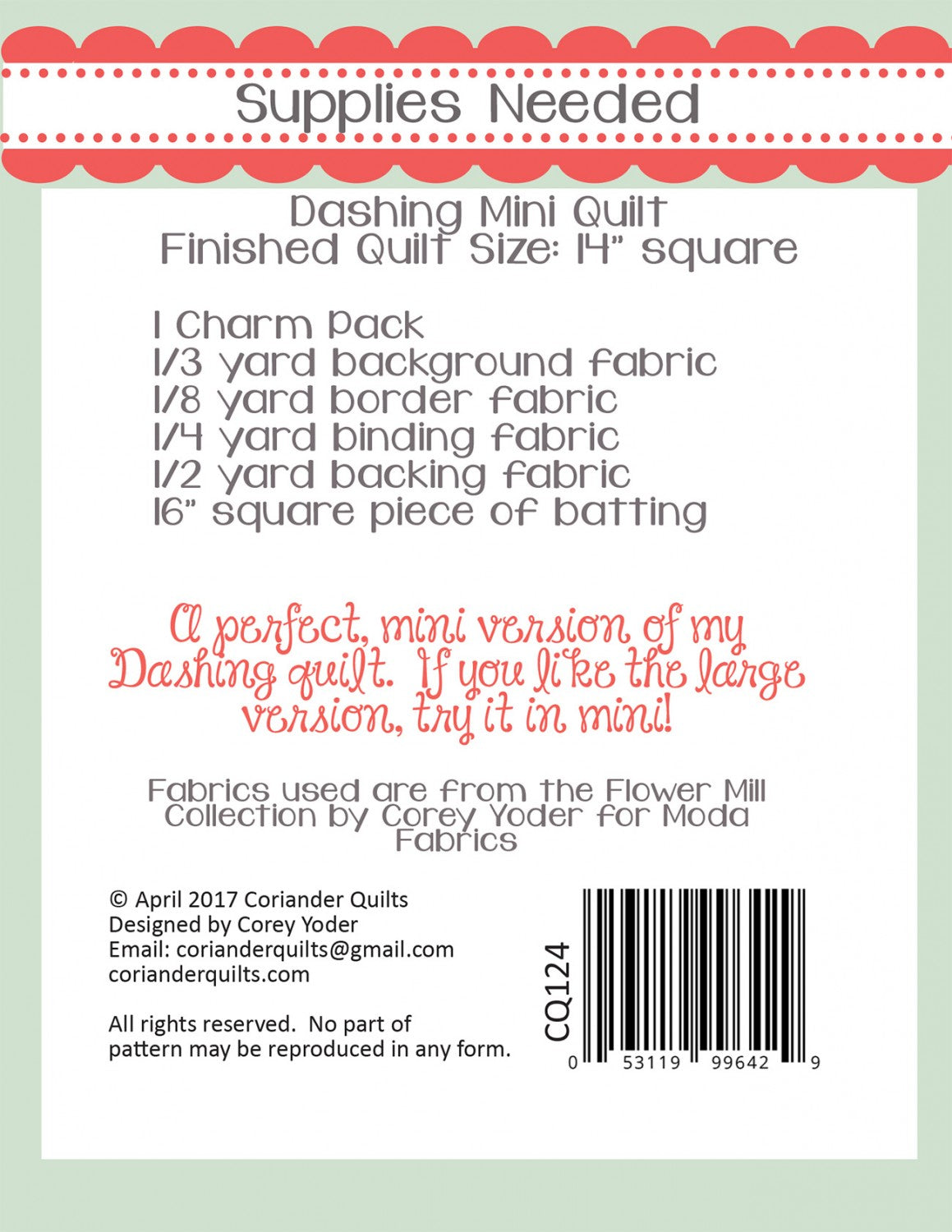 Mini Dashing Quilt Pattern by Coriander Quilts - Special Order