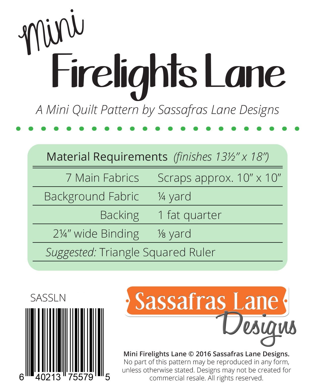 Mini Firelights Lane Quilt Pattern by Sassafras Lane - Special Order