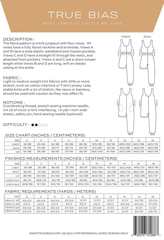Nova Jumpsuit Pattern by TrueBias Patterns : Size 0-18 - Special Order