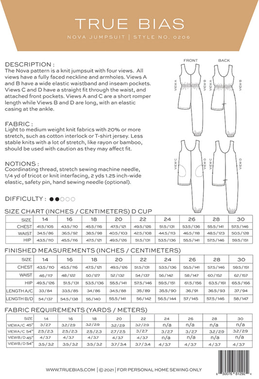 Nova Jumpsuit Pattern by TrueBias Patterns : Size 14-30 - Special Order