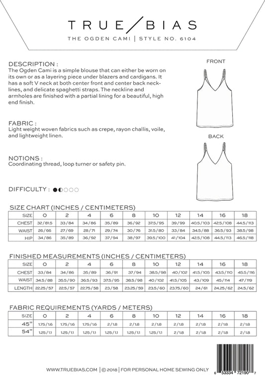 Ogden Cami Pattern by TrueBias Patterns : Size 14-32 - Special Order