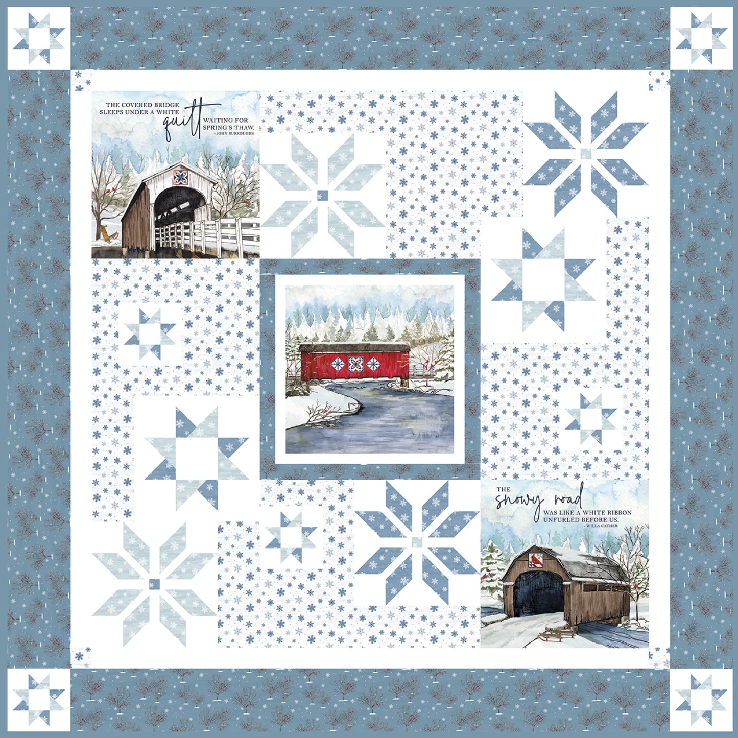 Covered Bridges in Winter by Tara Reed : Snowflakes Over Covered Bridges Quilt Front Shop Sample