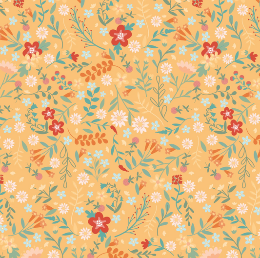 Mushroom Blooms by Poppie Cotton : Tossed Floral Yellow (Estimated Ship Date Aug. 2024)