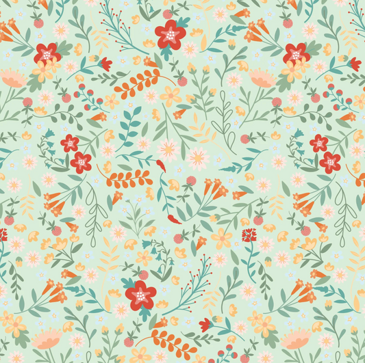 Mushroom Blooms by Poppie Cotton : Tossed Floral Mint (Estimated Ship Date Aug. 2024)