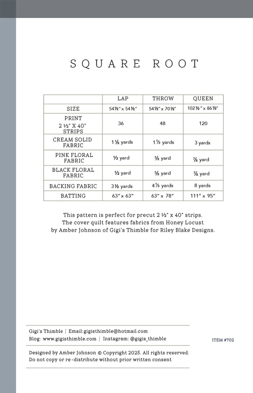 Square Root Quilt Pattern by Gigi's Thimble
