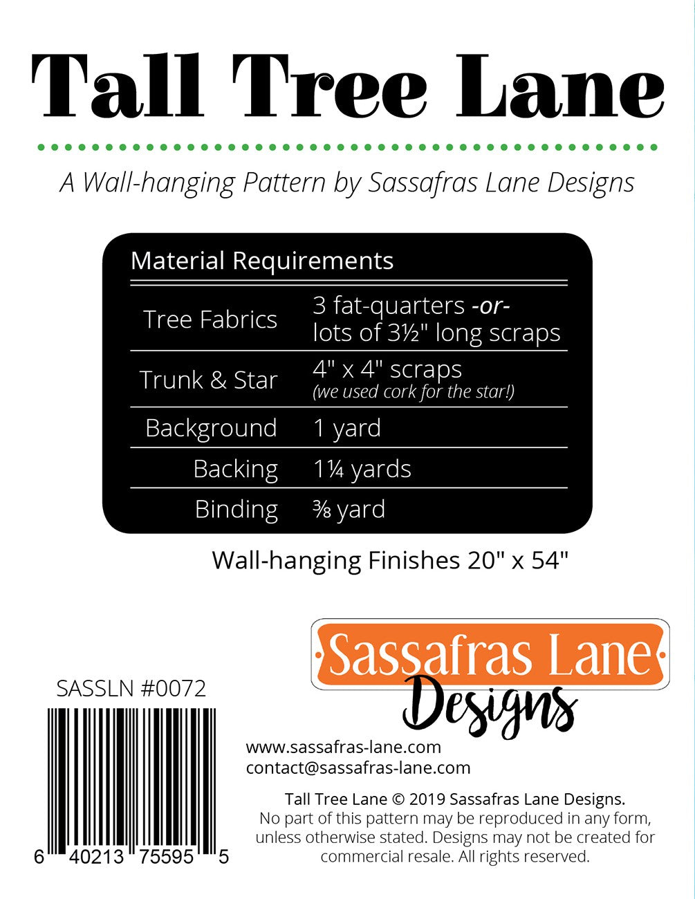 Tall Tree Lane Wall Hanging Pattern by Sassafras Lane - Special Order