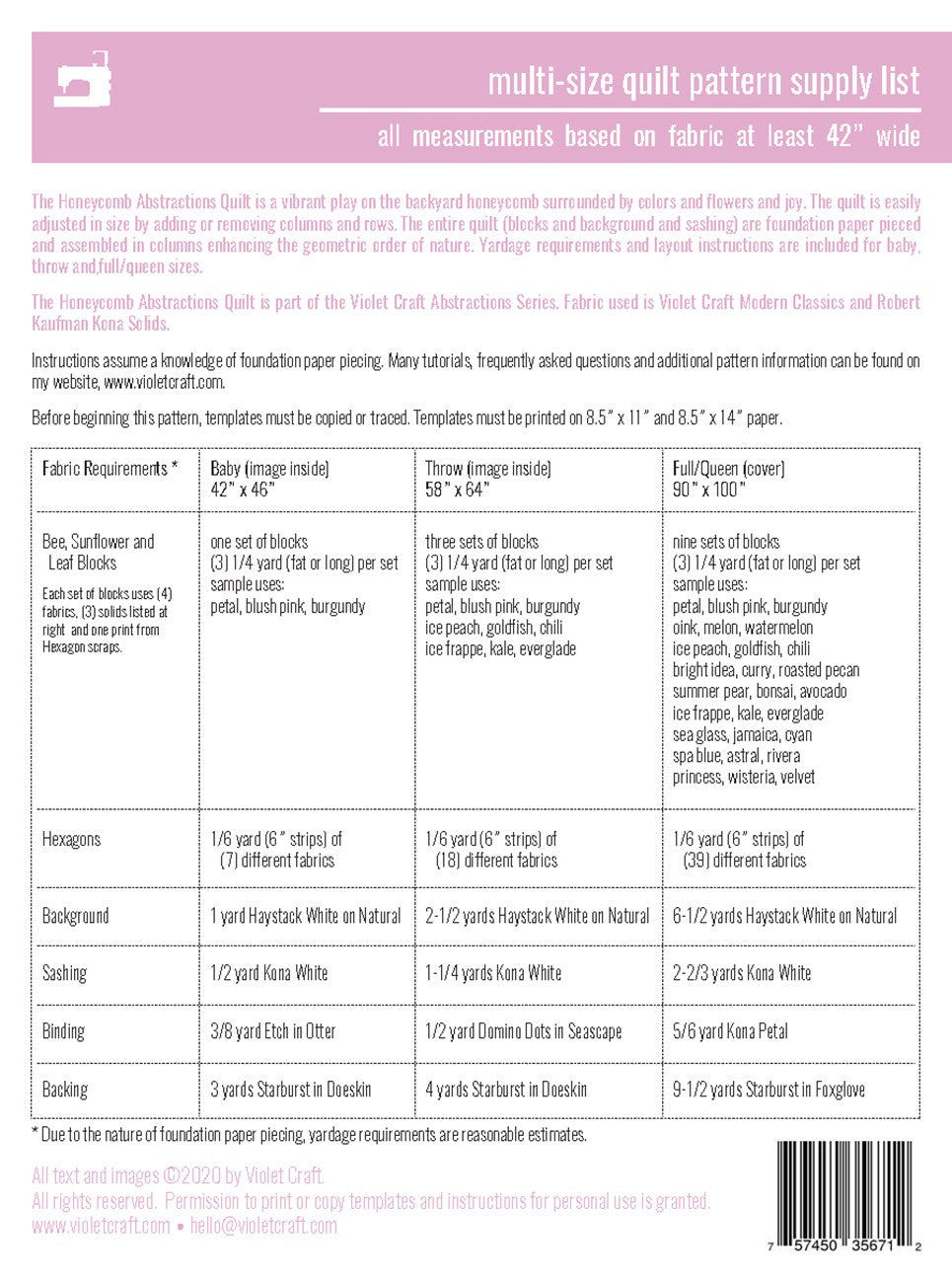 The Honeycomb Abstractions Quilt FPP Quilt Pattern by Violet Craft