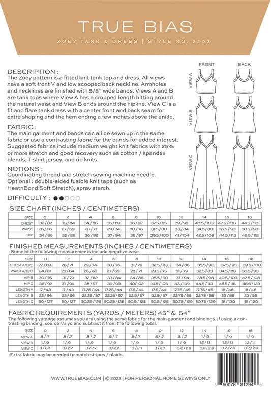 Zoey Tanktop & Dress Pattern by TrueBias Patterns : Size 0-18 - Special Order