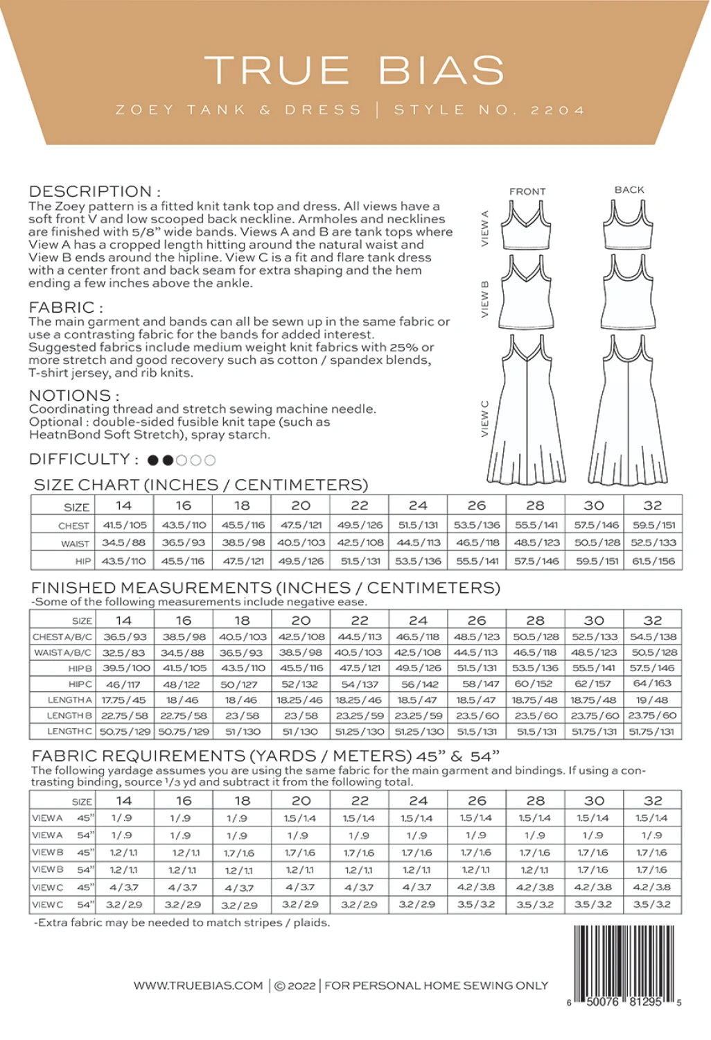 Zoey Tanktop & Dress Pattern by TrueBias Patterns : Size 14-32 - Special Order