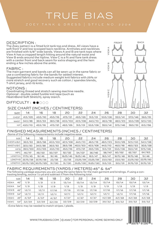 Zoey Tanktop & Dress Pattern by TrueBias Patterns : Size 14-32 - Special Order
