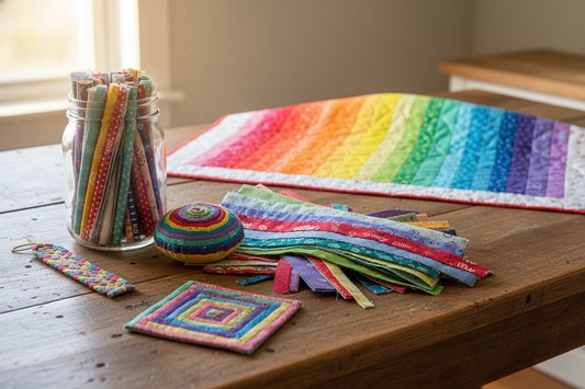 Colorful selvedge fabric projects including coasters, pin cushion, and rainbow quilt for creative quilting inspiration