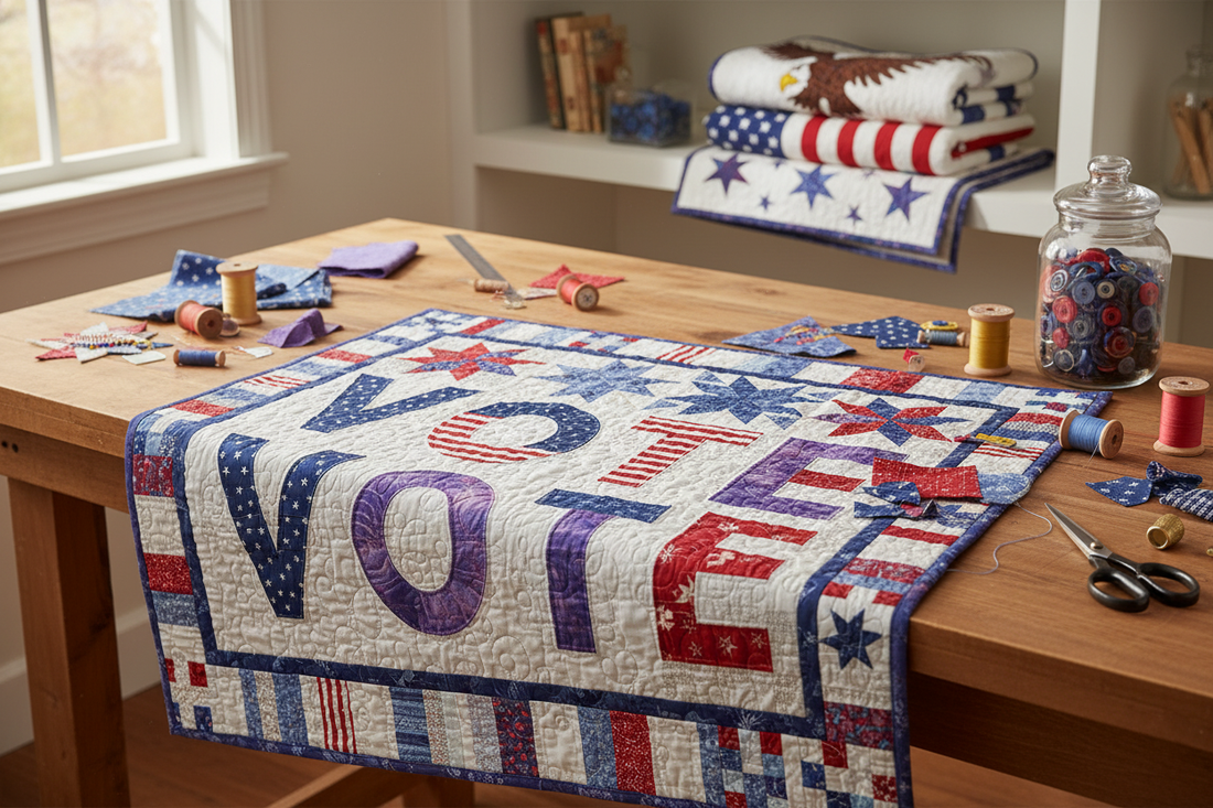 Patriotic table runner featuring free vote quilt patterns with red, white, and blue applique for DIY quilters