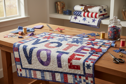 Patriotic table runner featuring free vote quilt patterns with red, white, and blue applique for DIY quilters