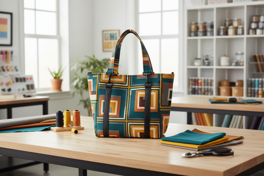 Modern tote bag made with architectural quilting fabric featuring bold geometric patterns for creative DIY projects