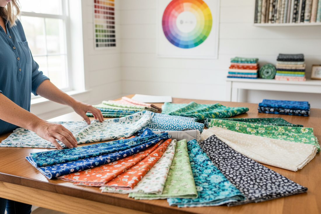 Quilter arranging colorful fabric swatches on a table showing how to coordinate quilt fabrics for creative projects