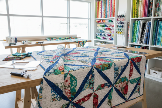 Modern sewing studio showcasing colorful geometric quilting patterns with floral fabrics and quilting supplies