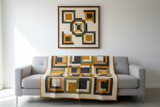 Modern living room featuring bold pieced quilt patterns in earthy tones for creative quilting inspiration